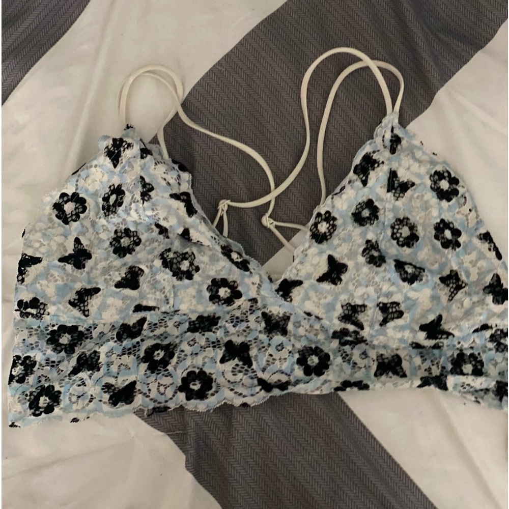 Blue&White laced Bralette with Black Flowers & Butterflies
